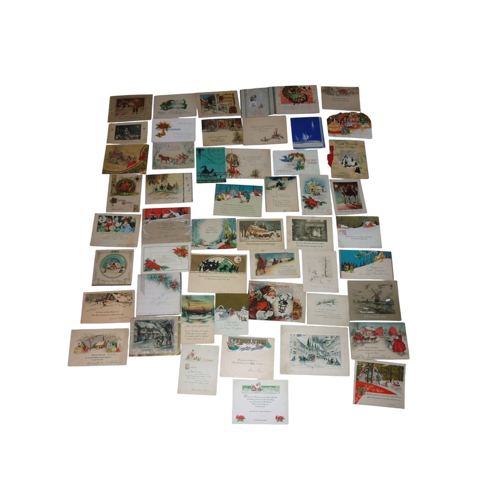 Antique Christmas New Year Greeting Card Lot 50 Ephemera Santa Winter Scenes